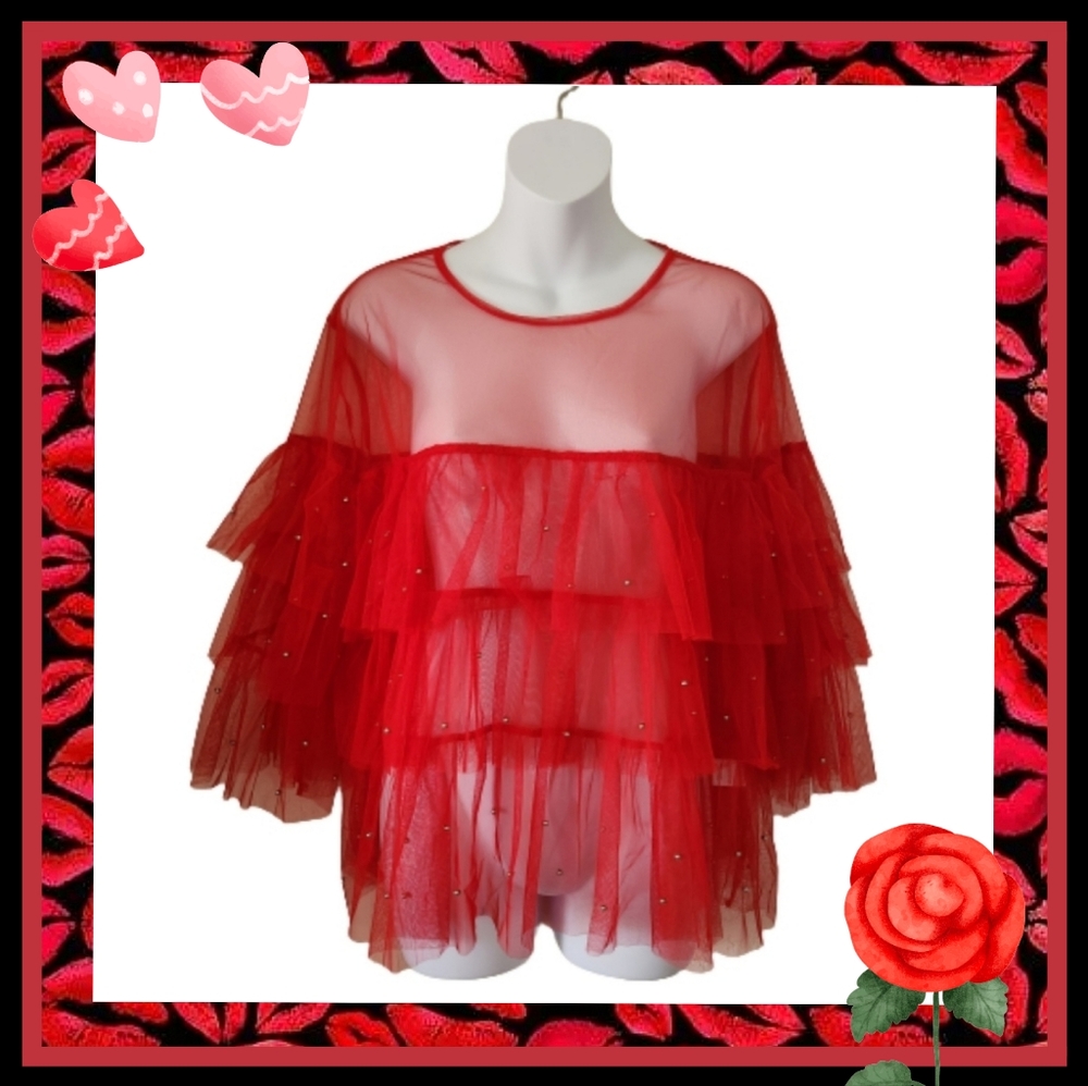 UNIQUE ☆ VALENTINE RED ☆ METAL BEADED ☆ TIERED TULLE TOP ☆ NWT